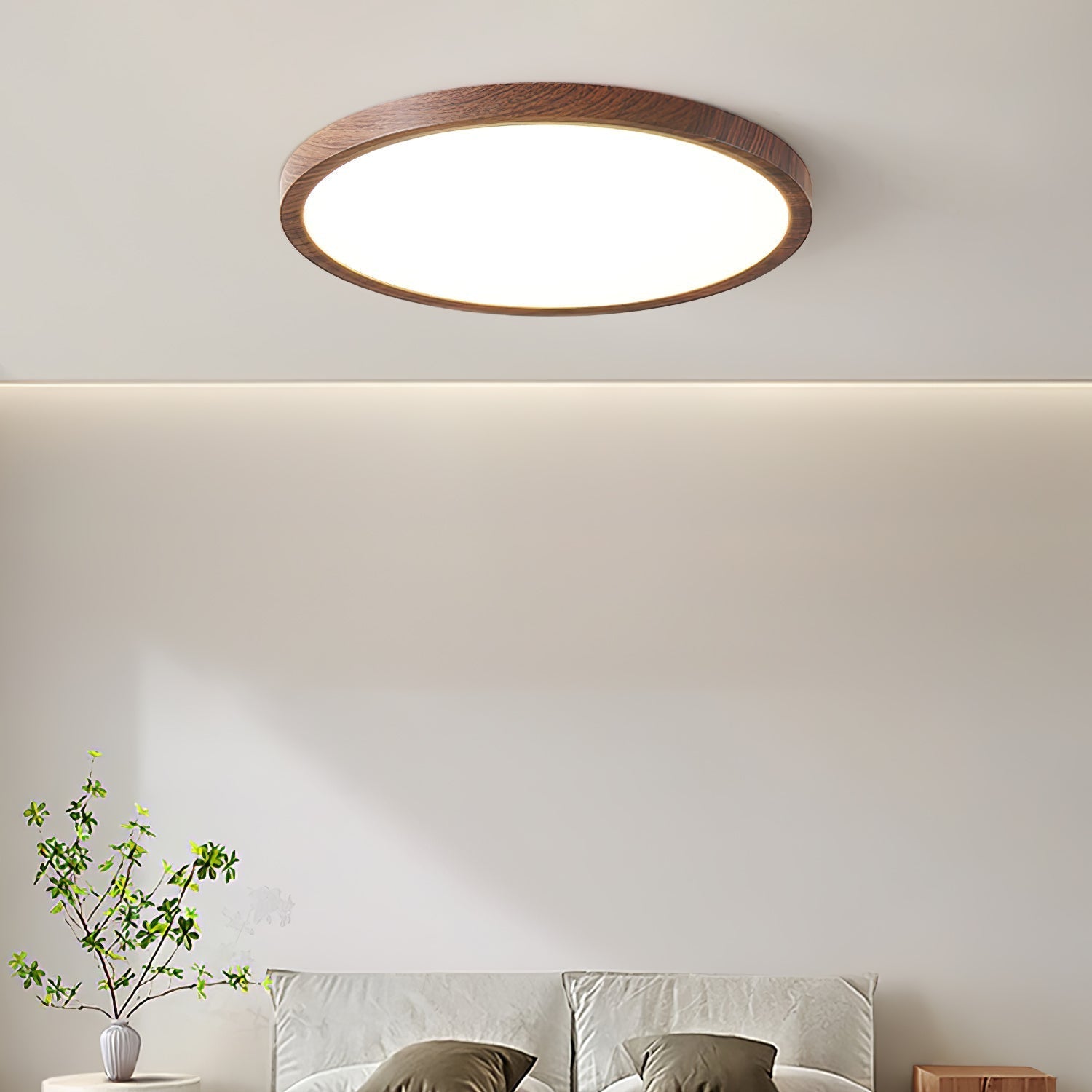 Ultrathin Round LED Flush Mount Ceiling Light Walnut Wood Effect Dimmable