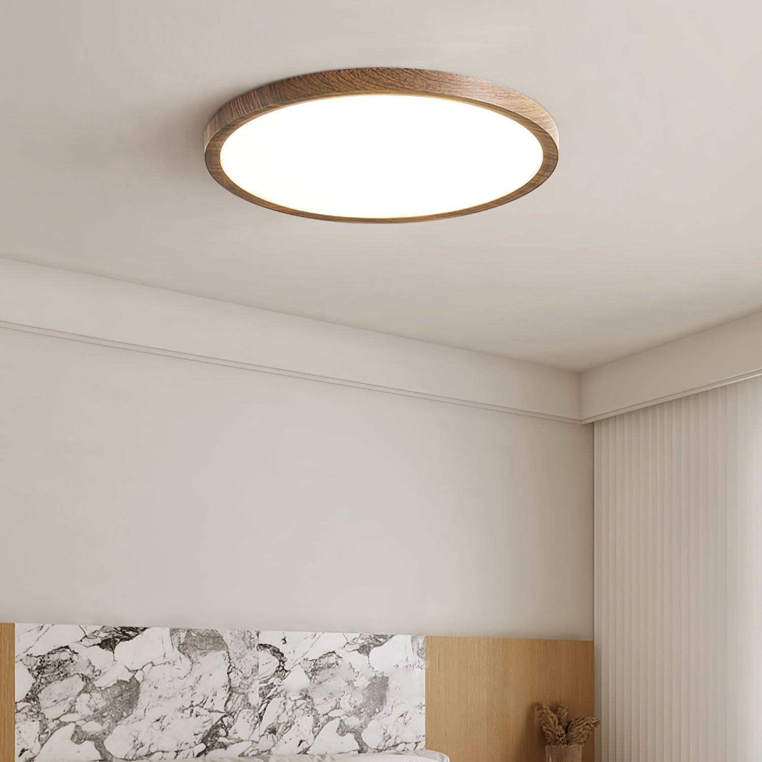 Ultrathin Round LED Flush Mount Ceiling Light Walnut Wood Effect Dimmable