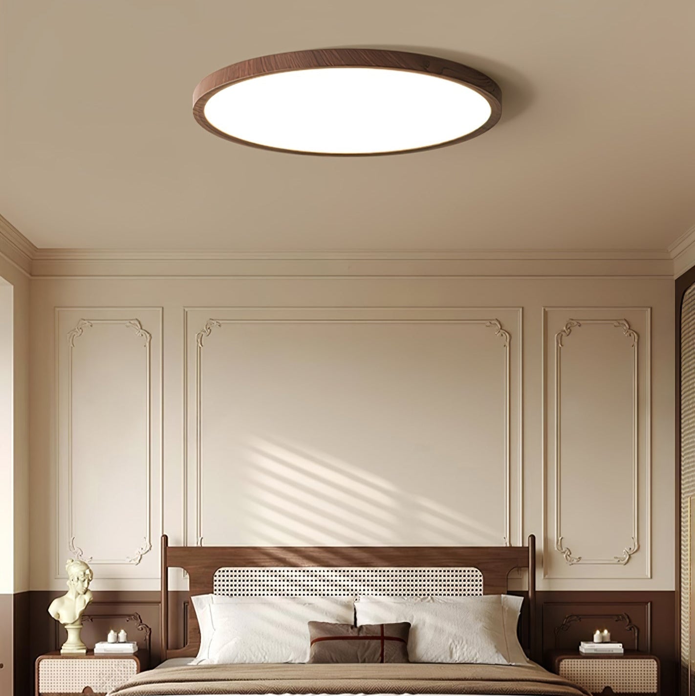 Ultrathin Round LED Flush Mount Ceiling Light Walnut Wood Effect Dimmable