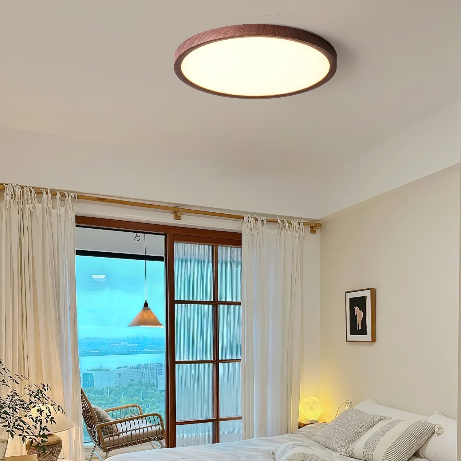 Ultrathin Round LED Flush Mount Ceiling Light Walnut Wood Effect Dimmable