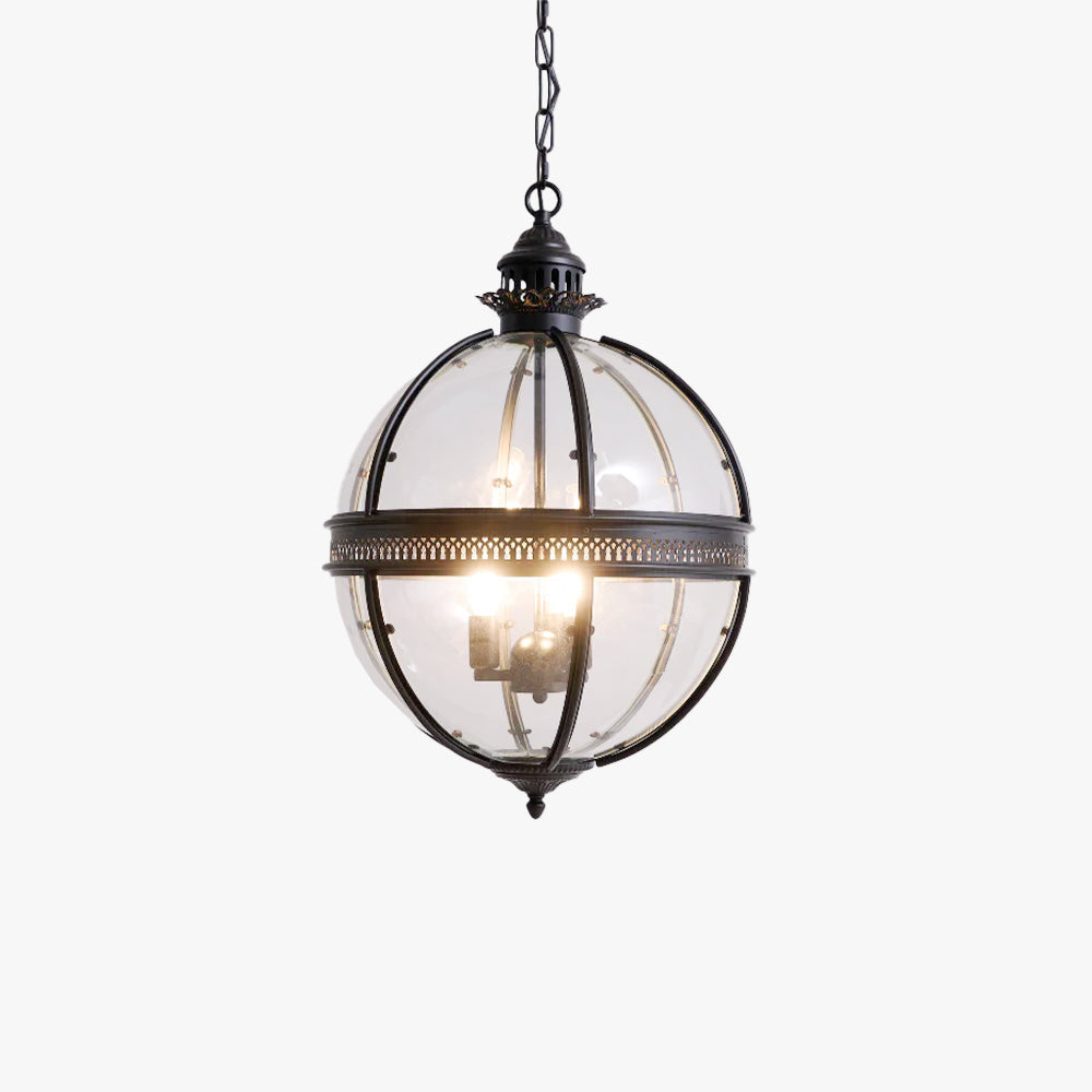 Vintage Glass Globe Pendant Light With Banded Metal Frame In Copper Or Black