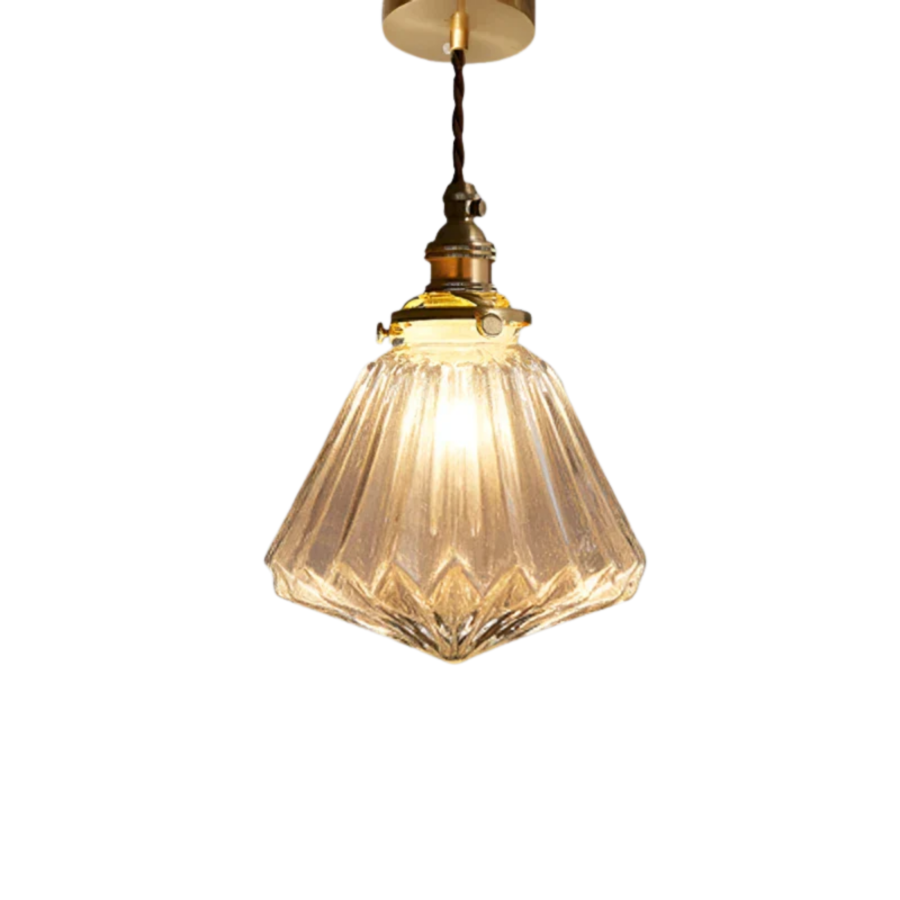 Vintage Ribbed Clear Glass Pendant Light with Brass Tone Fitting