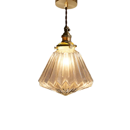 Vintage Ribbed Clear Glass Pendant Light with Brass Tone Fitting