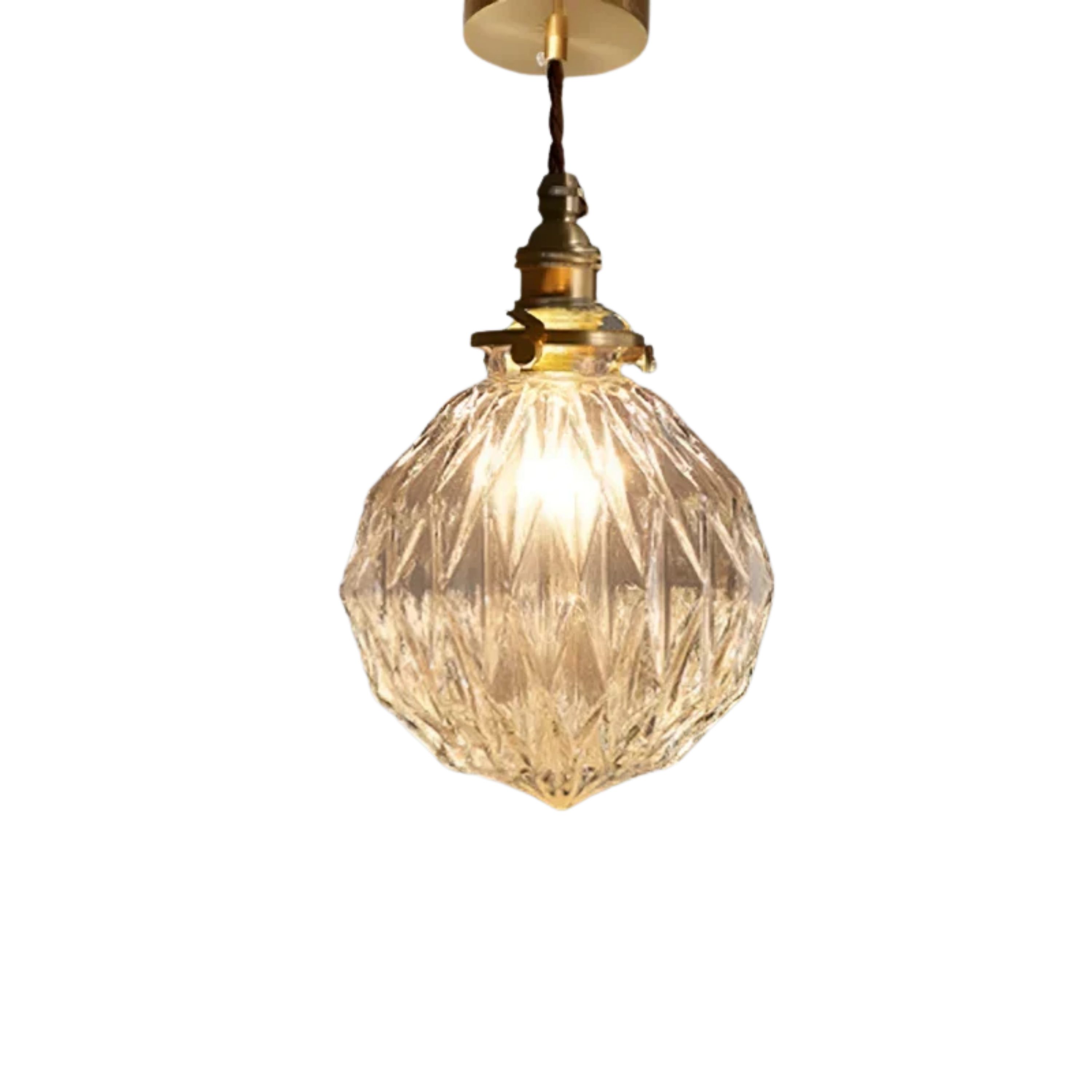 Vintage Ribbed Clear Glass Pendant Light with Brass Tone Fitting
