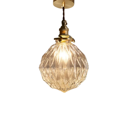 Vintage Ribbed Clear Glass Pendant Light with Brass Tone Fitting