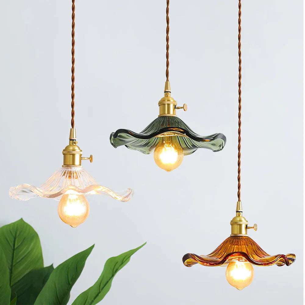 Vintage Scalloped Tinted Glass Pendant Light Copper Fitting Retro Ceiling Light