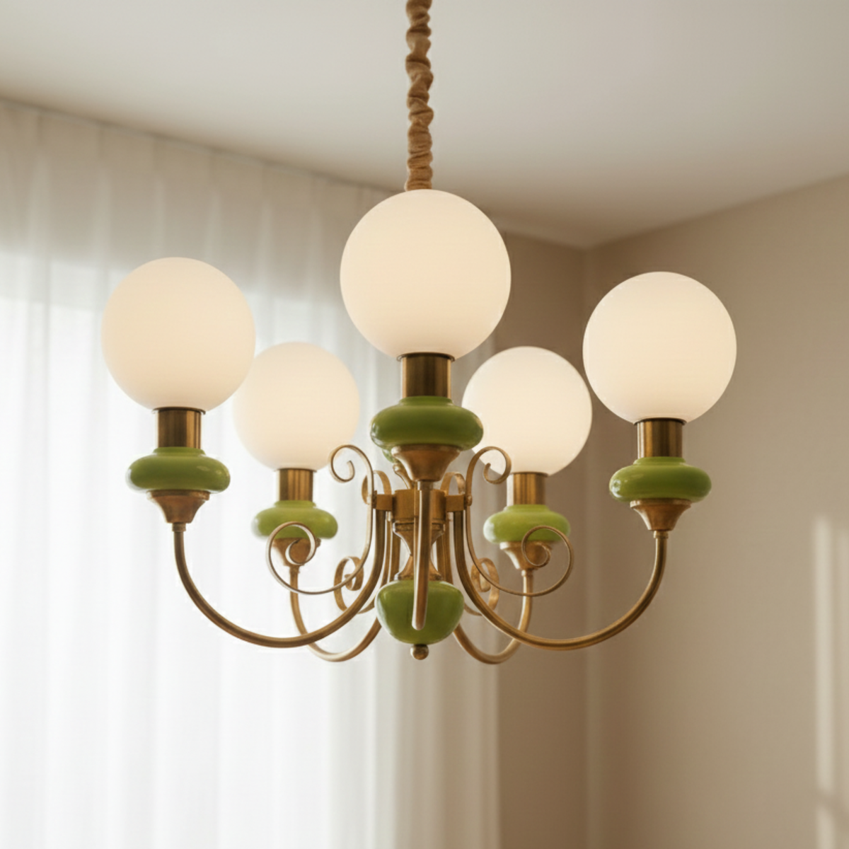 Vintage Style Green Onyx Gold Chandelier With Opal Globe Shades