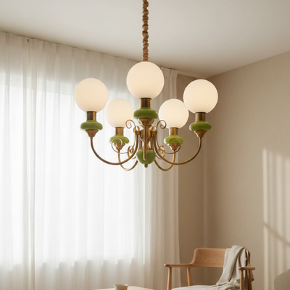 Vintage Style Green Onyx Gold Chandelier With Opal Globe Shades