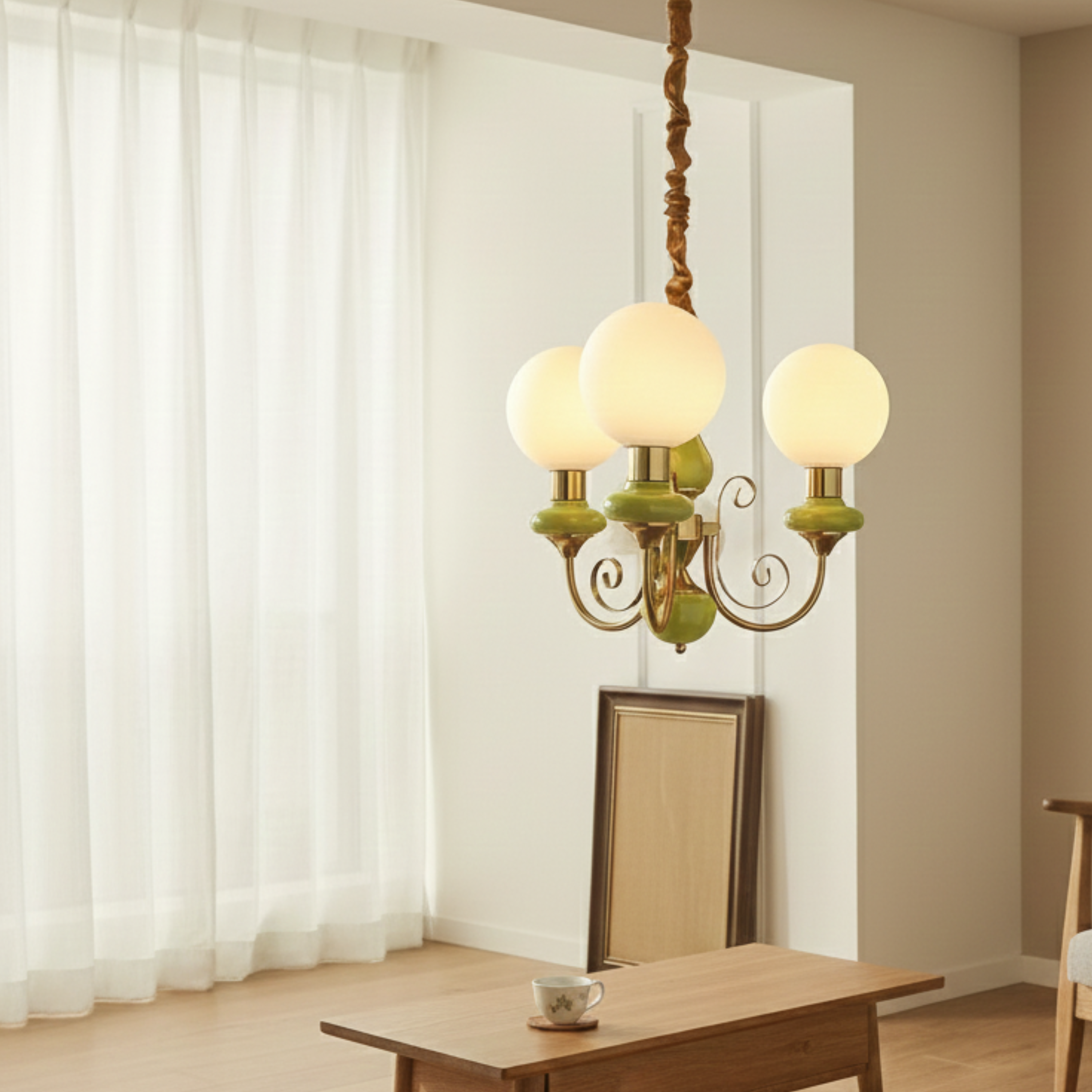 Vintage Style Green Onyx Gold Chandelier With Opal Globe Shades