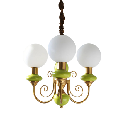 Vintage Style Green Onyx Gold Chandelier With Opal Globe Shades