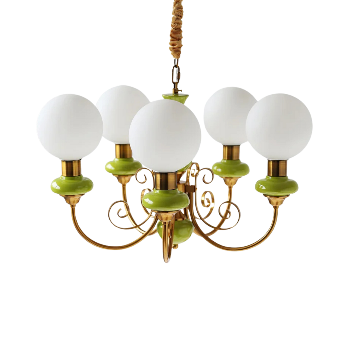 Vintage Style Green Onyx Gold Chandelier With Opal Globe Shades