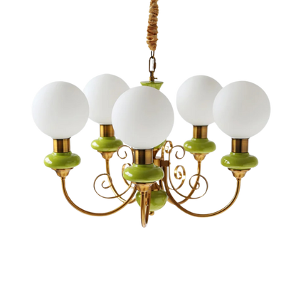 Vintage Style Green Onyx Gold Chandelier With Opal Globe Shades