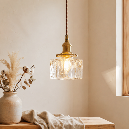 Vintage Textured Glass Pendant Light With Antique Brass Tone Fitting