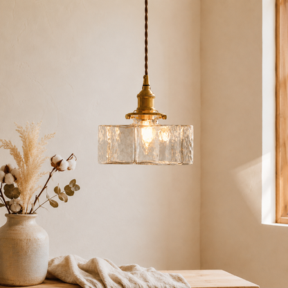 Vintage Textured Glass Pendant Light With Antique Brass Tone Fitting