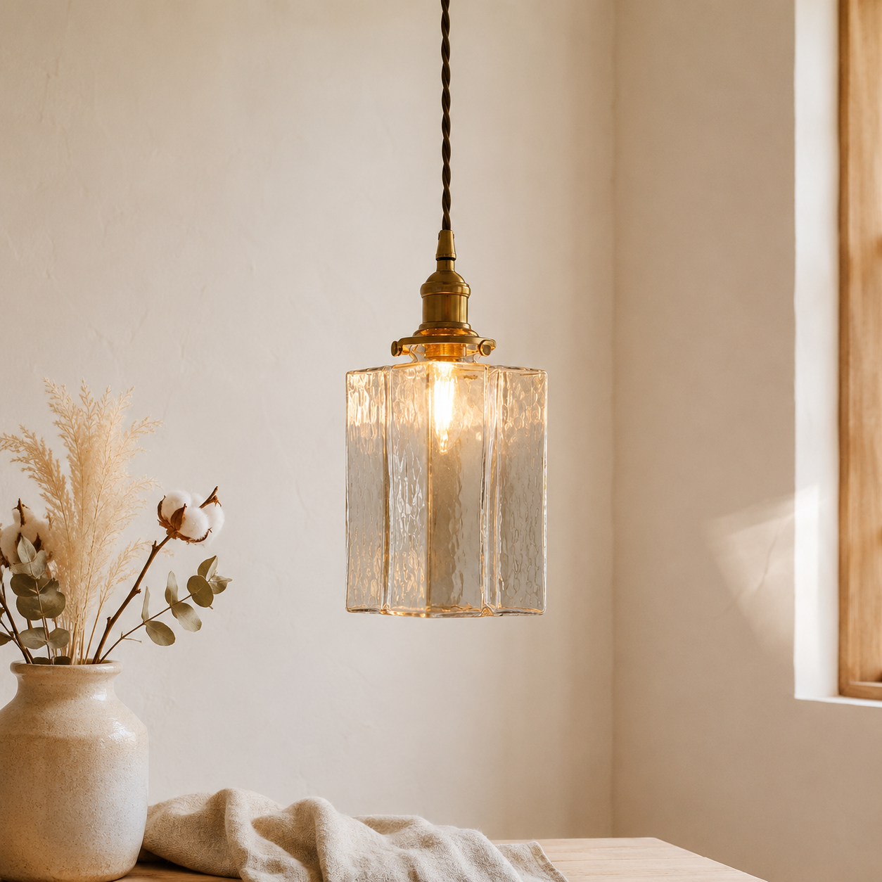 Vintage Textured Glass Pendant Light With Antique Brass Tone Fitting