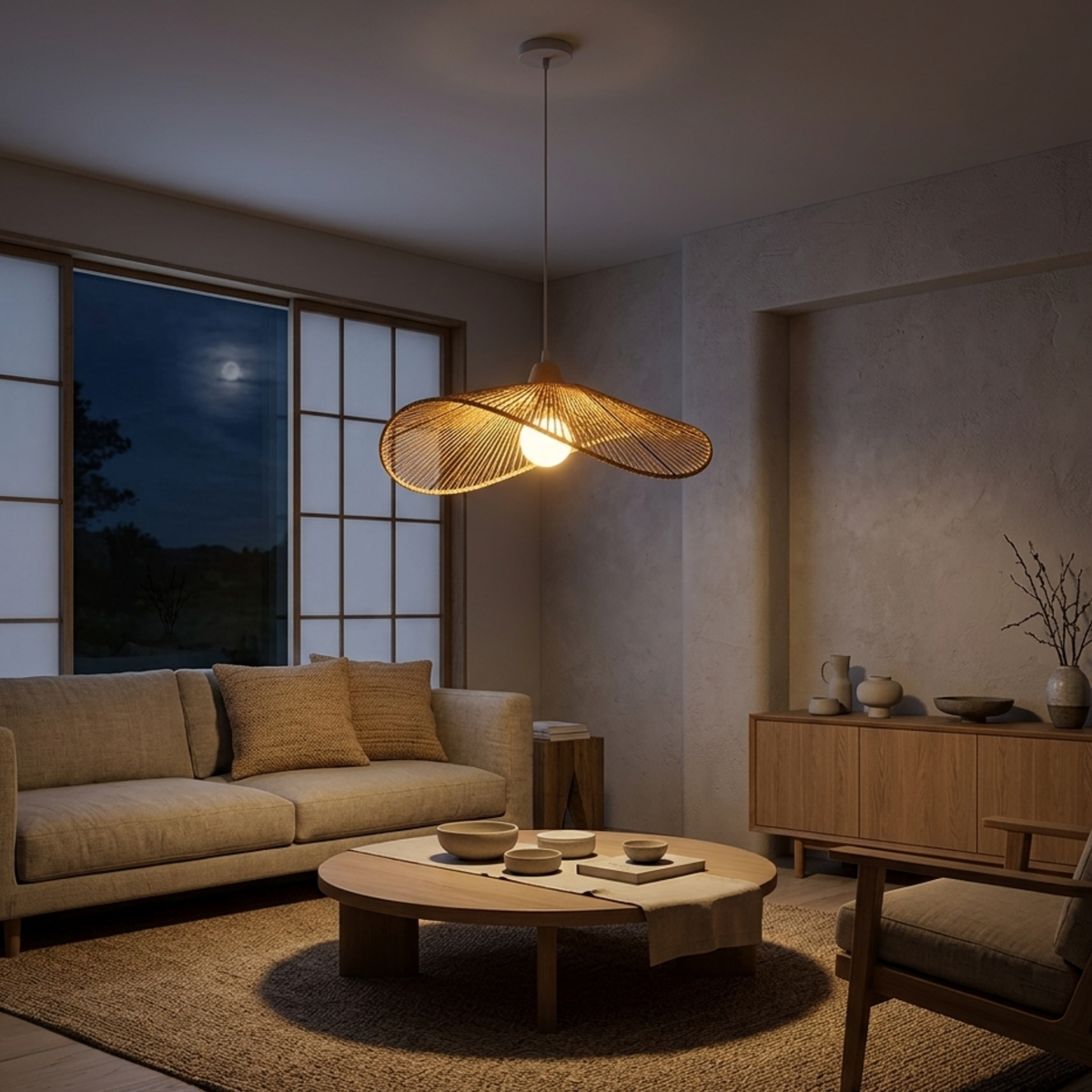Wabi Sabi Rattan Pendant Light Wavy Woven Bamboo and Wood Shade