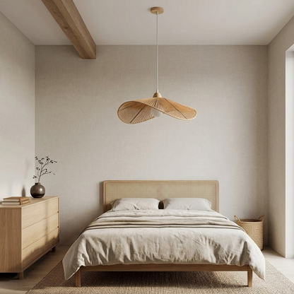 Wabi Sabi Rattan Pendant Light Wavy Woven Bamboo and Wood Shade