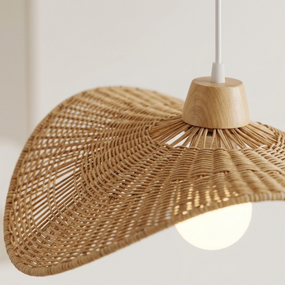 Wabi Sabi Rattan Pendant Light Wavy Woven Bamboo and Wood Shade