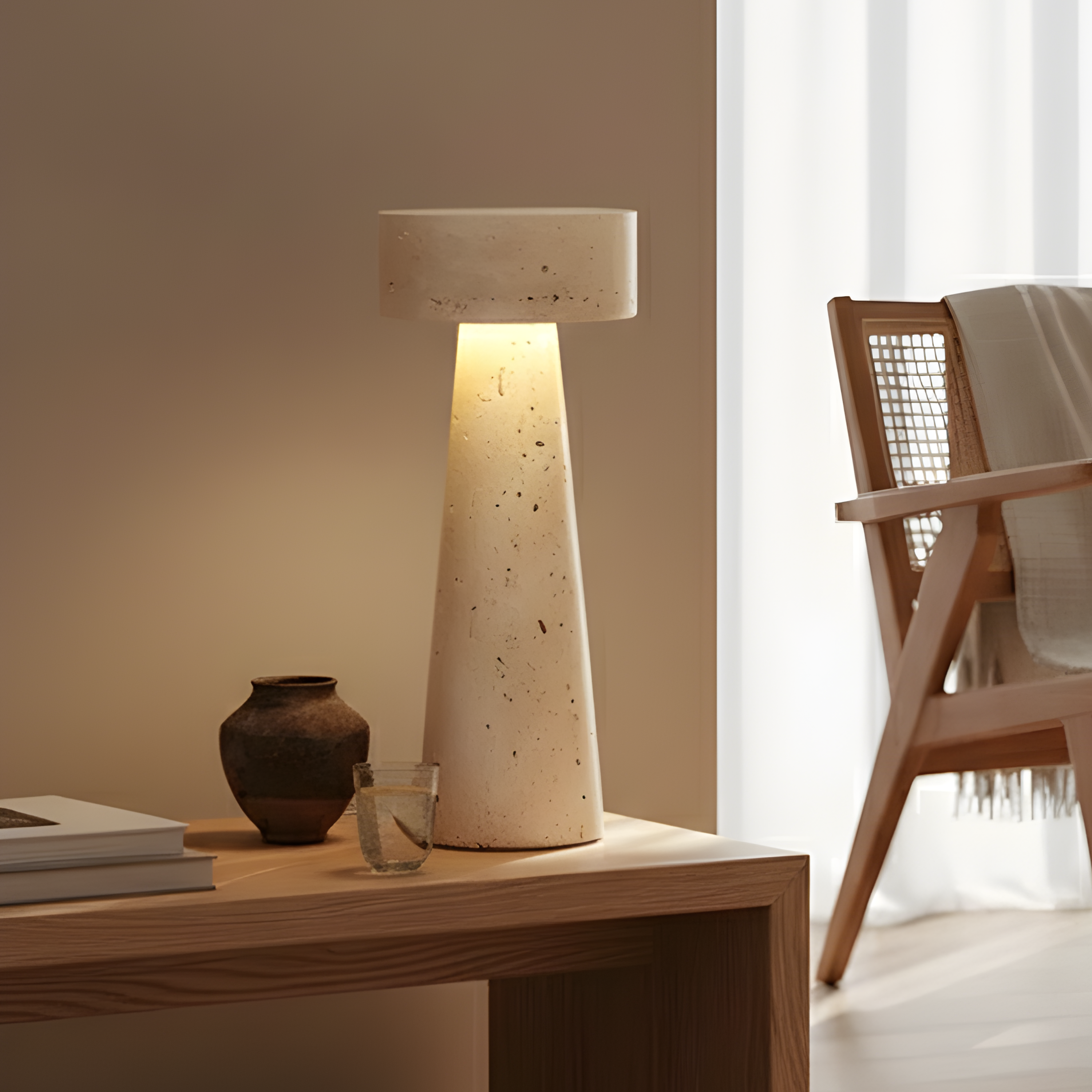 Wabi Sabi Travertine Stone Mushroom LED Table Lamp