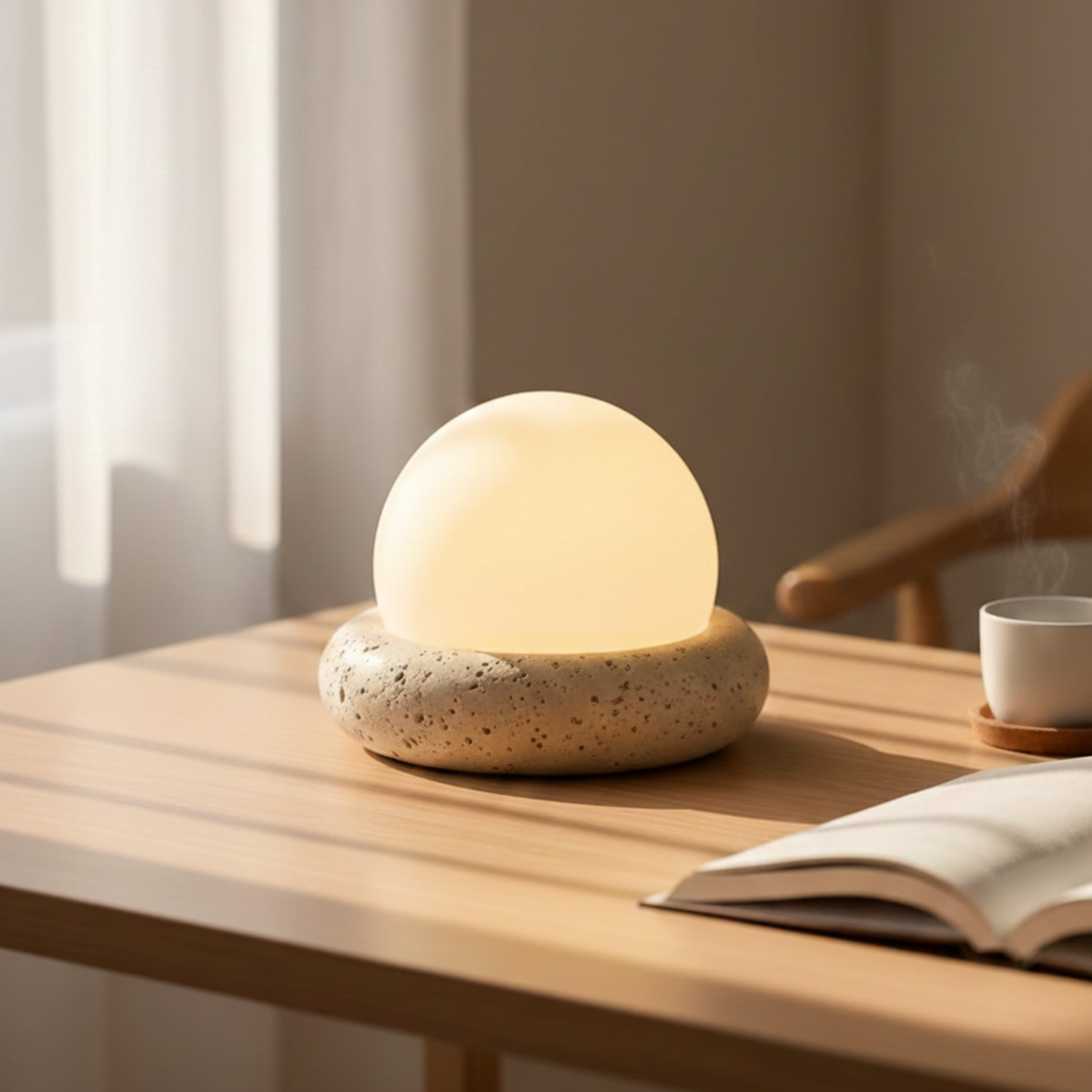 Wabi Sabi Travertine Stone Table Lamp White Glass Globe Bedside Lamp