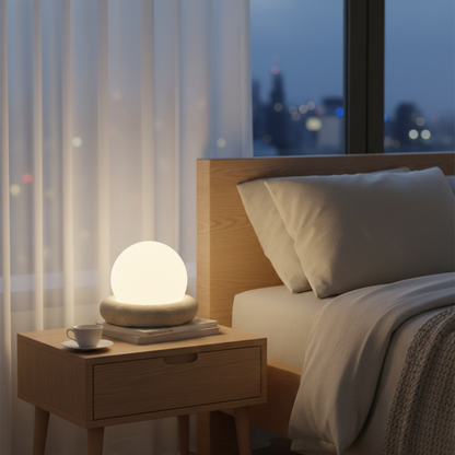 Wabi Sabi Travertine Stone Table Lamp White Glass Globe Bedside Lamp