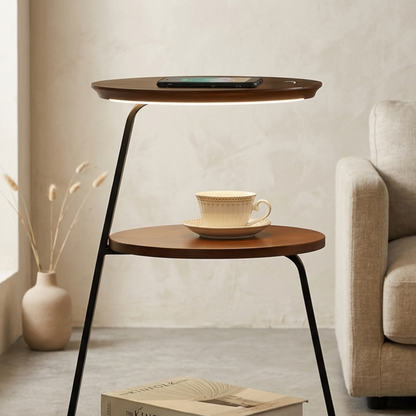 Walnut Two Tier Side Table With Integrated Light And Wireless Charging