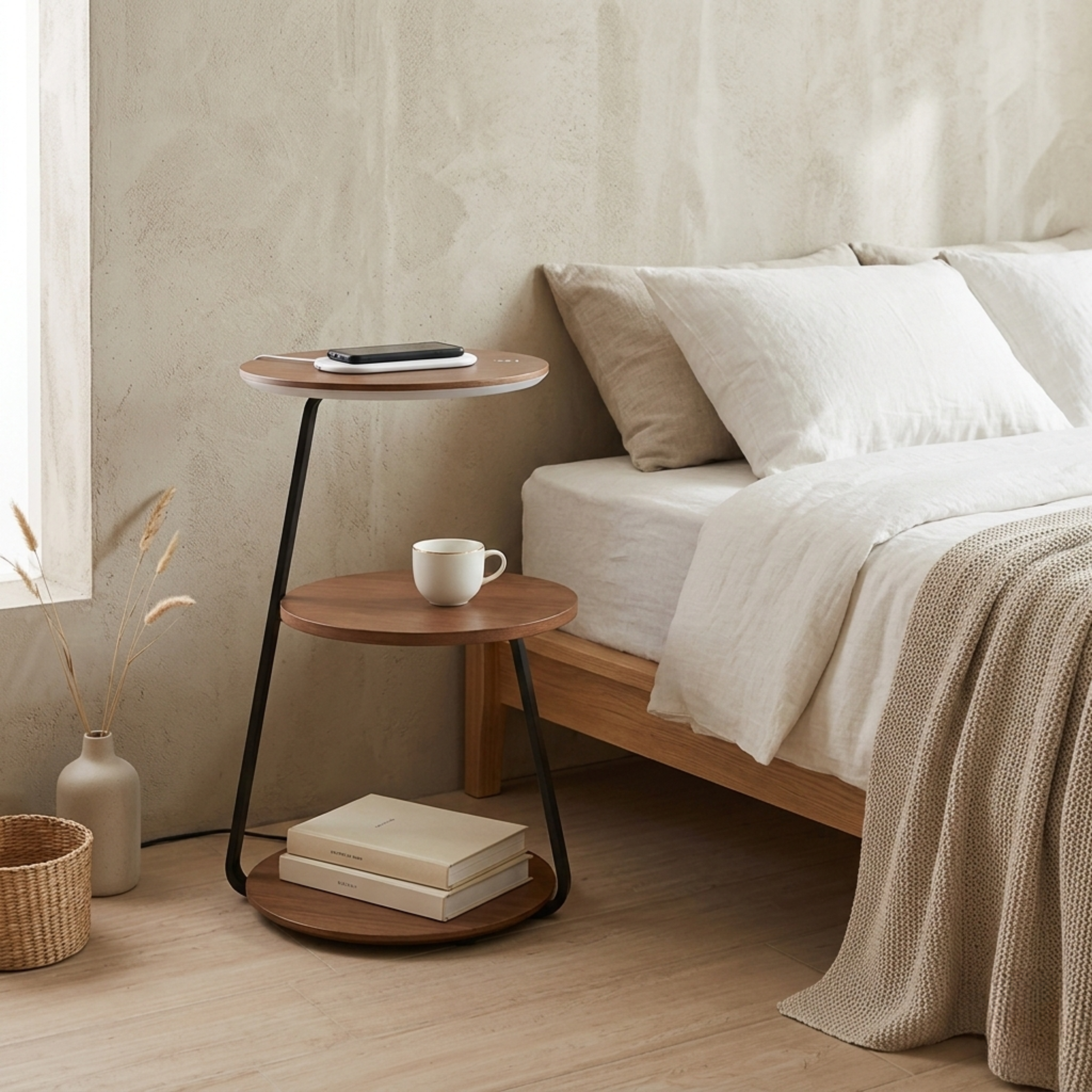 Walnut Two Tier Side Table With Integrated Light And Wireless Charging