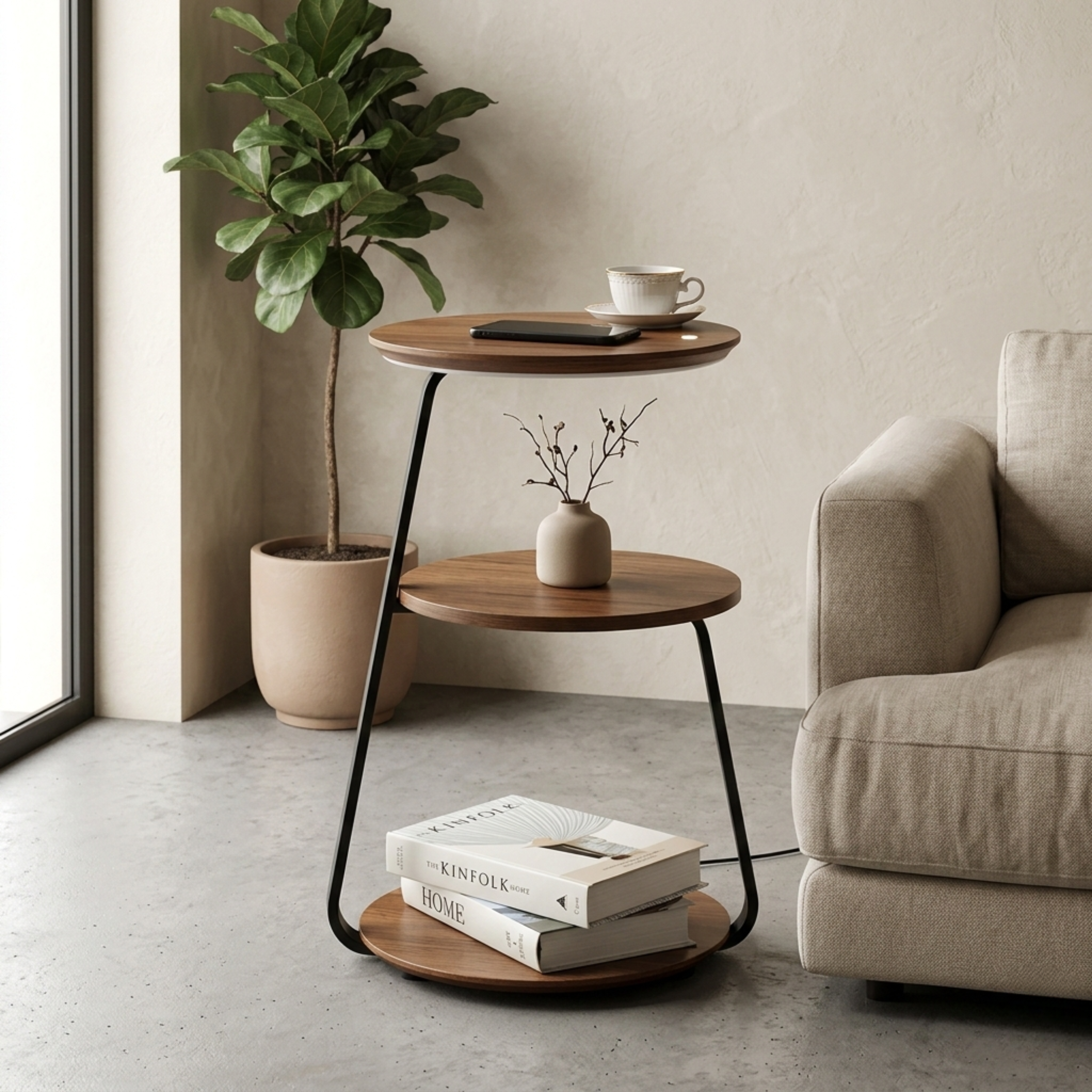 Walnut Two Tier Side Table With Integrated Light And Wireless Charging