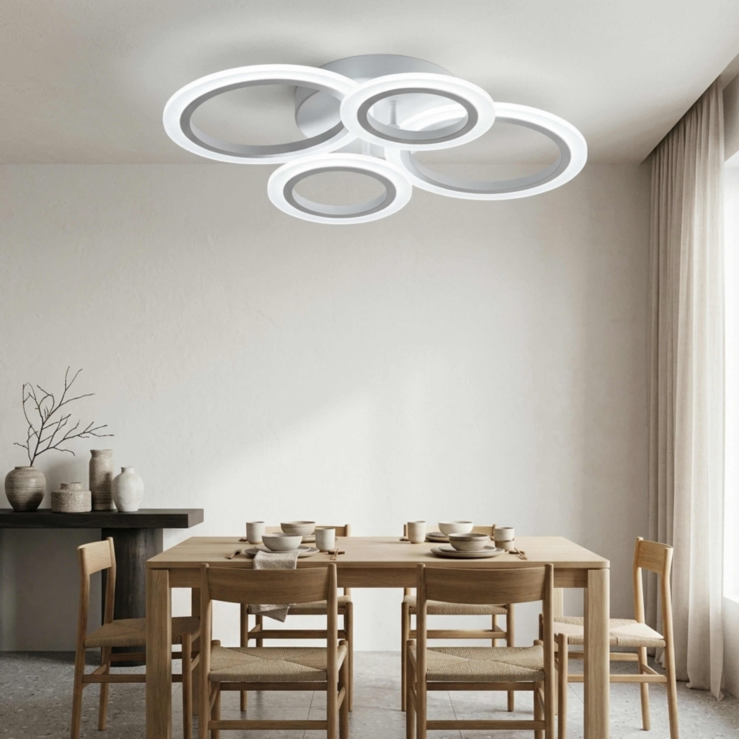 White Four Ring LED Flush Mount Ceiling Light Dimmable With Remote