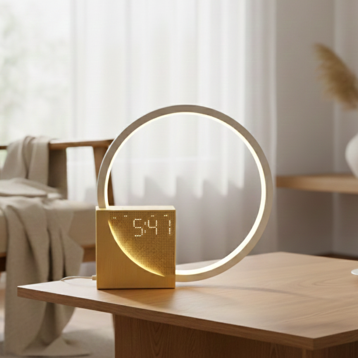 Wood and Aluminium Touch Control LED Ring Bedside Lamp With Alarm Clock