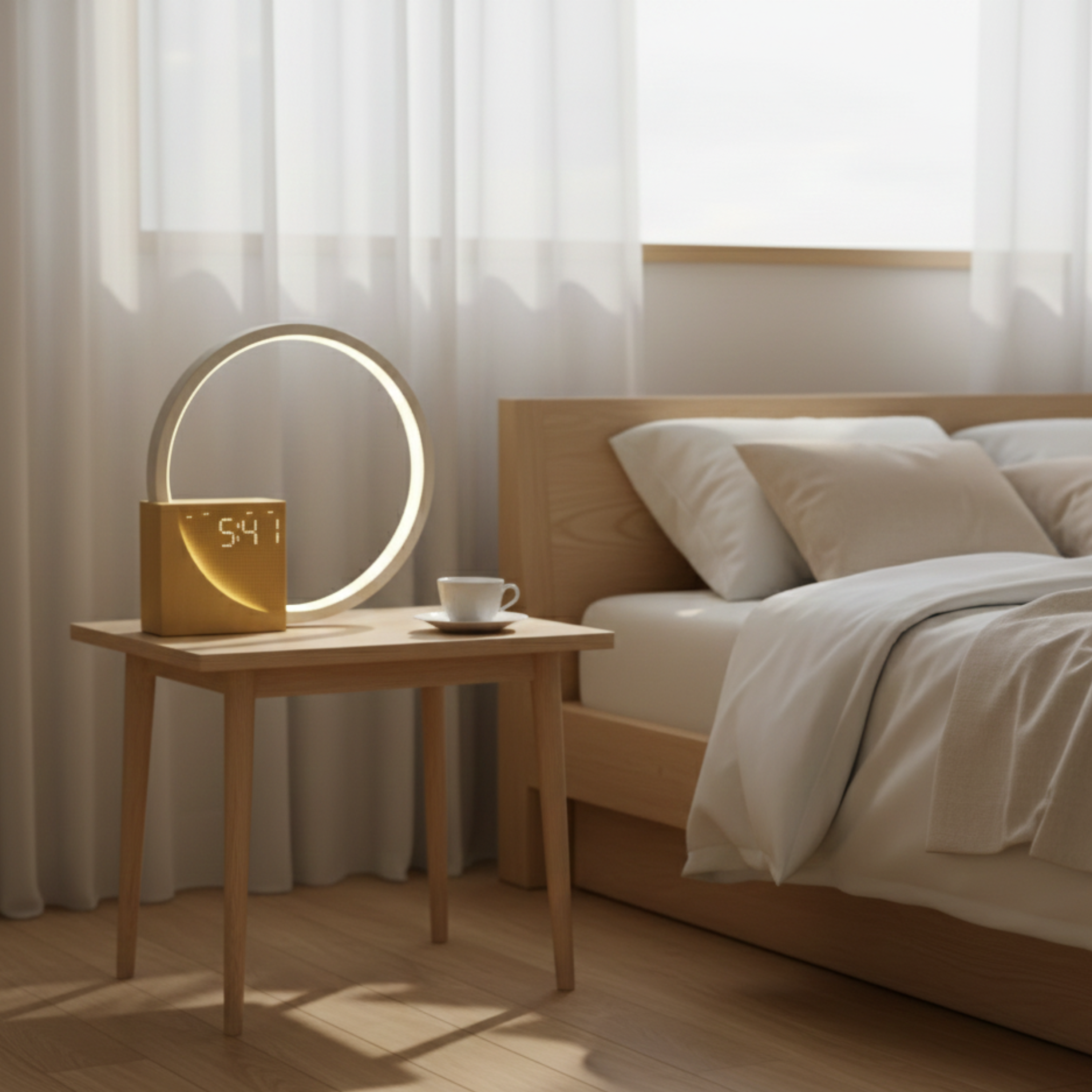 Wood and Aluminium Touch Control LED Ring Bedside Lamp With Alarm Clock