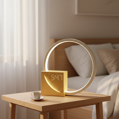 Wood and Aluminium Touch Control LED Ring Bedside Lamp With Alarm Clock