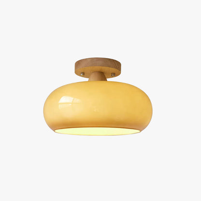 Wood and Glass Flush Mount Ceiling Light Japandi Rounded Globe Shade