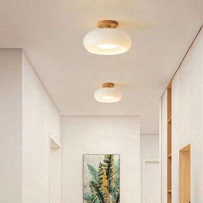 Wood and Glass Flush Mount Ceiling Light Japandi Rounded Globe Shade