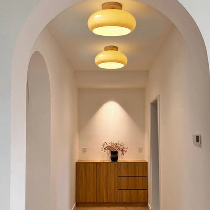 Wood and Glass Flush Mount Ceiling Light Japandi Rounded Globe Shade