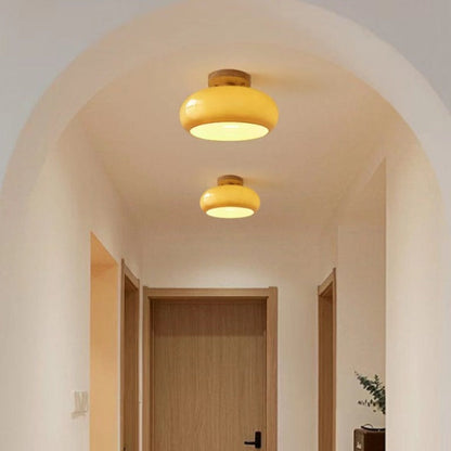 Wood and Glass Flush Mount Ceiling Light Japandi Rounded Globe Shade