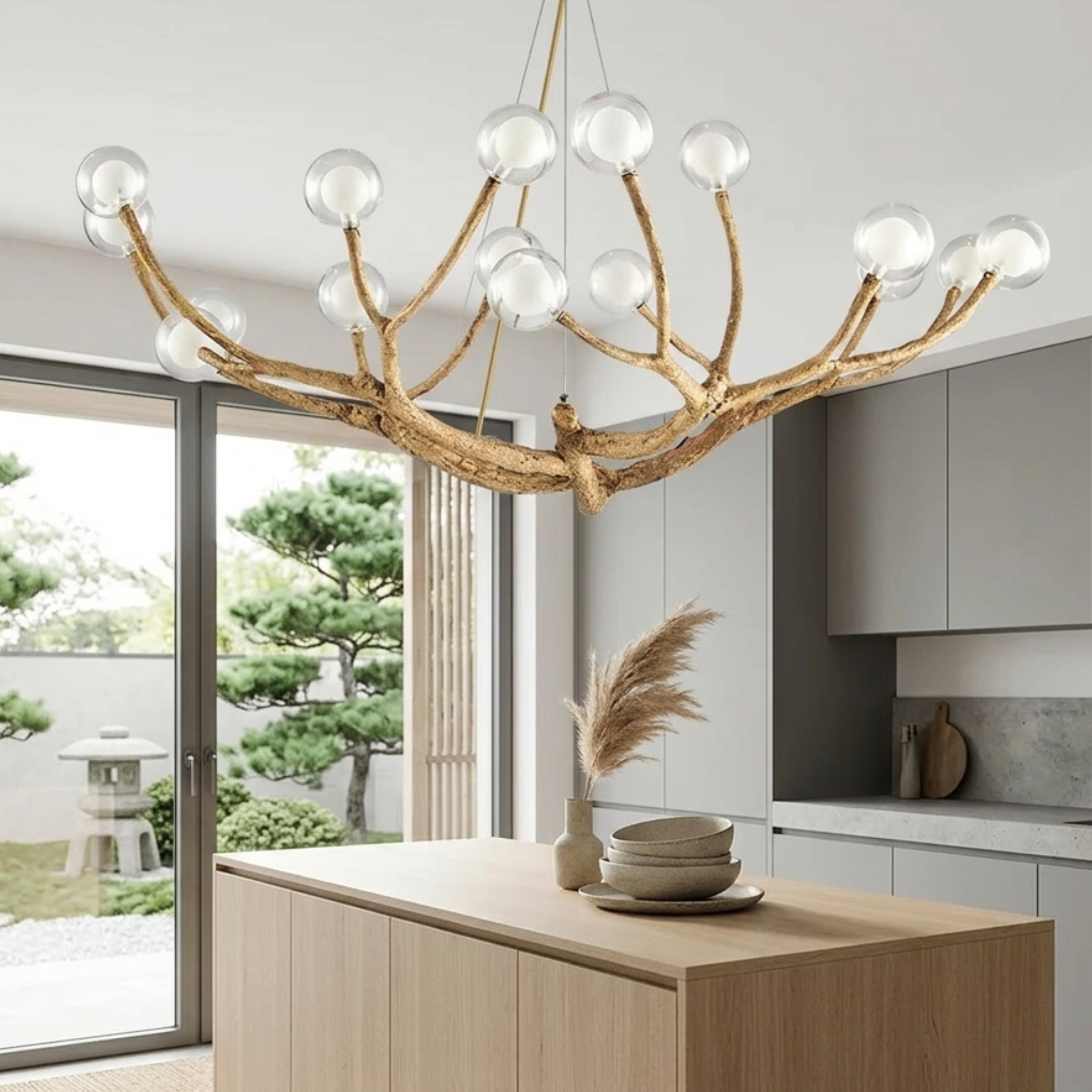 Wood Metal and Glass Branch Chandelier Tree Style Ceiling Light