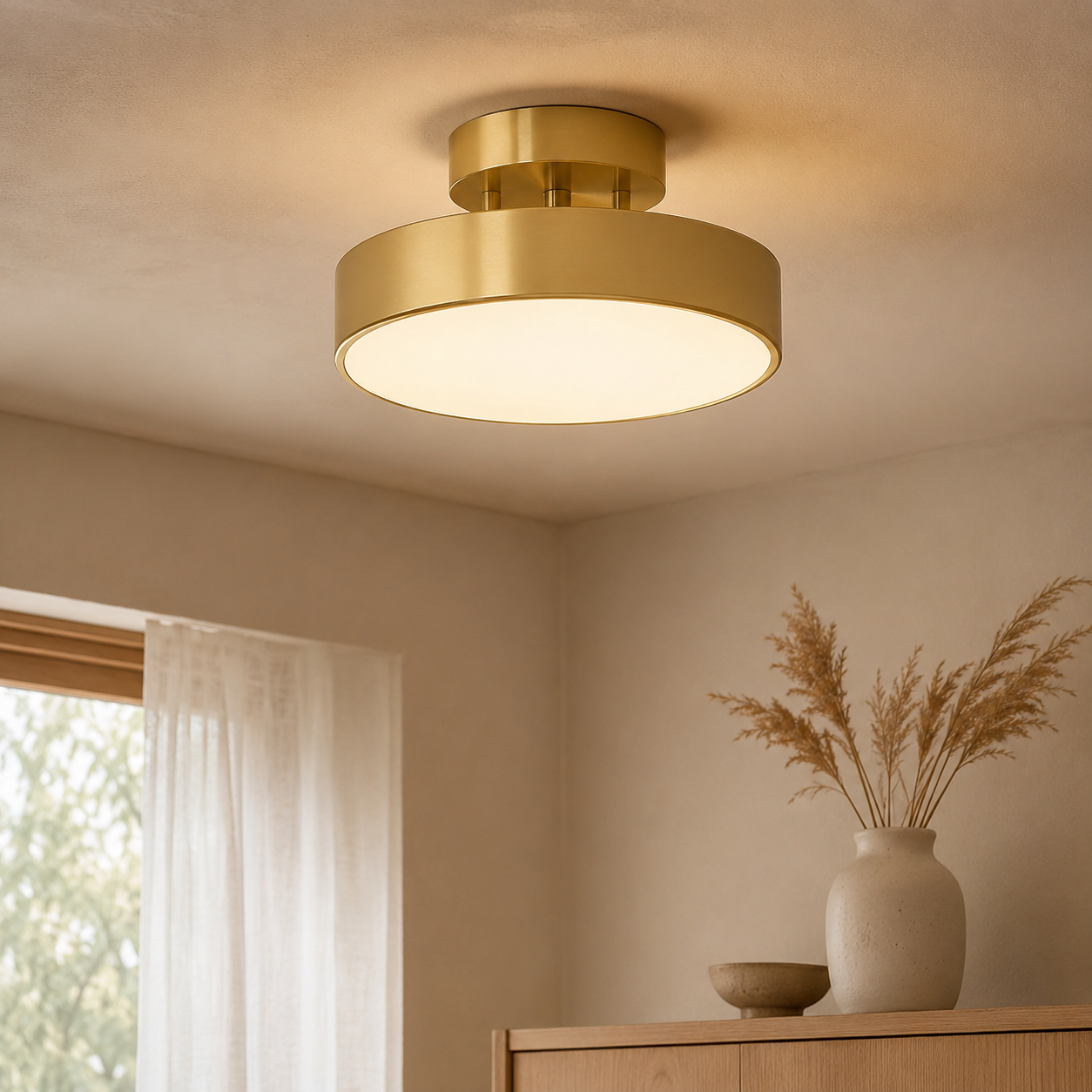 Wood Tone Round LED Flush Mount Ceiling Light Three Colour Switchable
