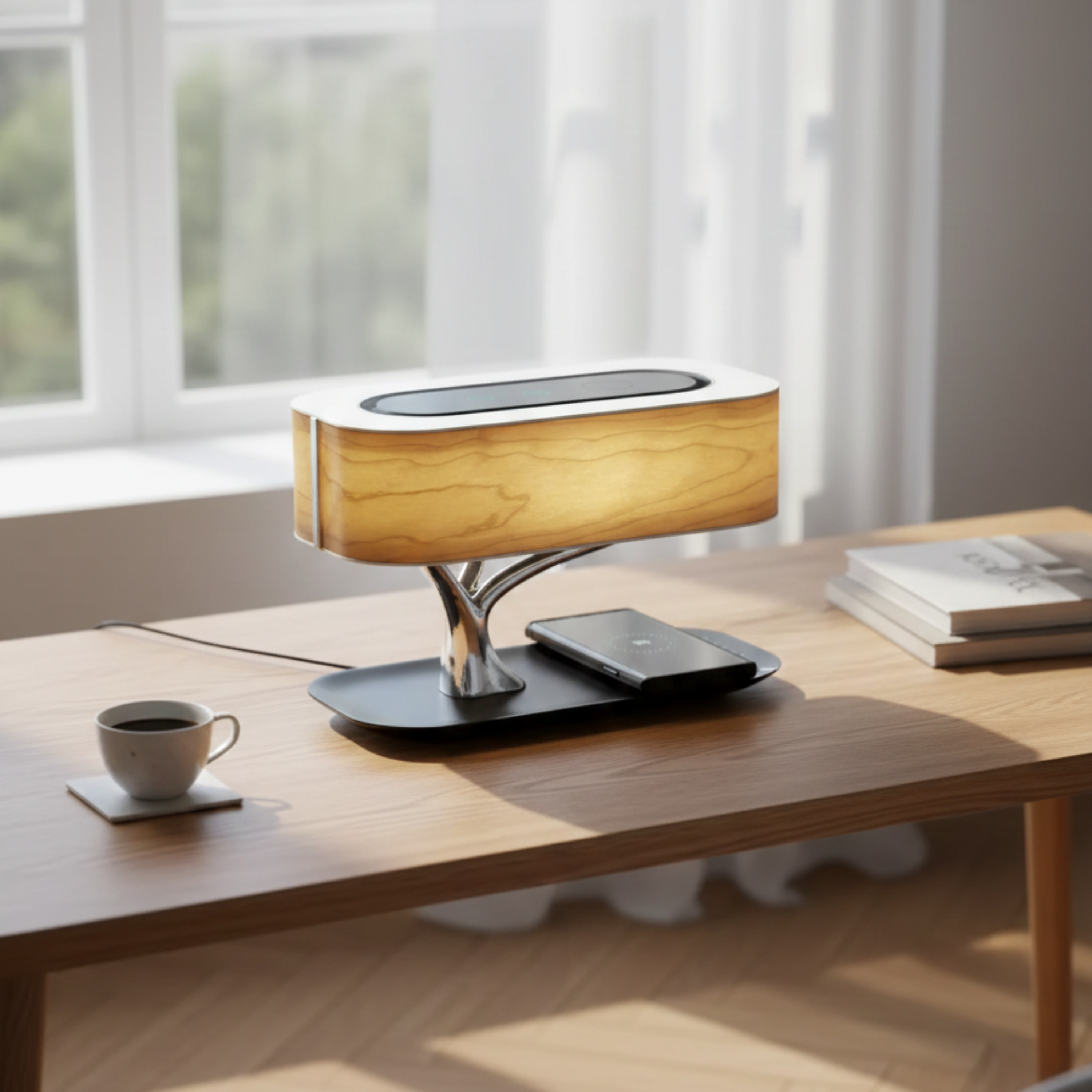Wood Touch Dimmable LED Table Lamp Tree Design With Wireless Charging Pad