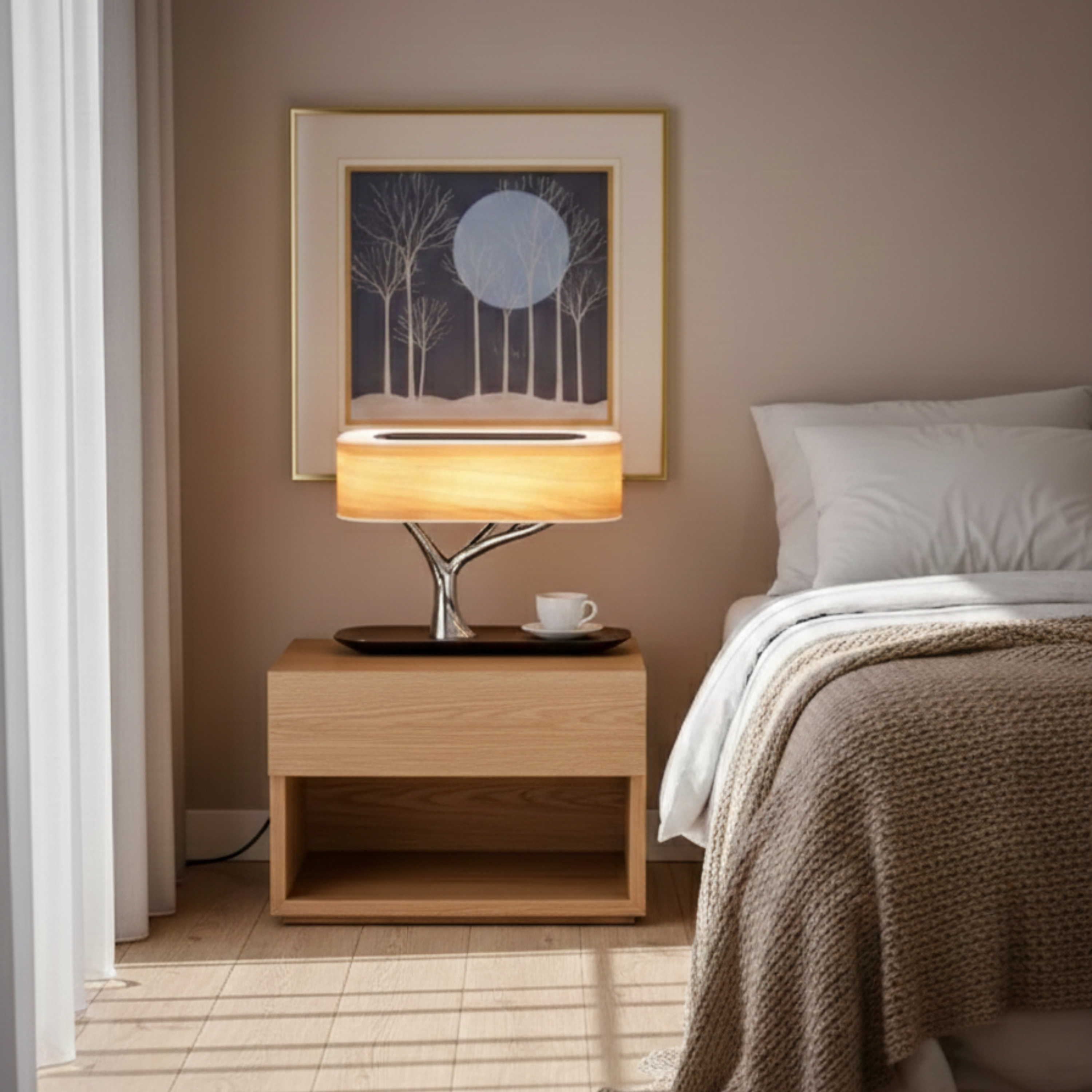 Wood Touch Dimmable LED Table Lamp Tree Design With Wireless Charging Pad
