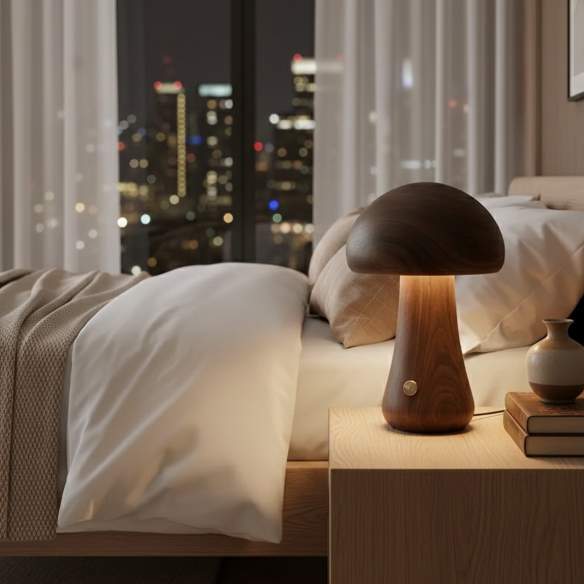 Wooden Mushroom Table Lamp Rechargeable Cordless LED Bedside Lamp