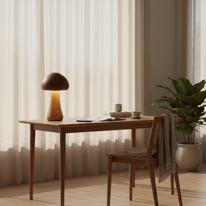 Wooden Mushroom Table Lamp Rechargeable Cordless LED Bedside Lamp